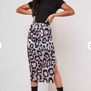lilac leopard print satin slip midi skirt